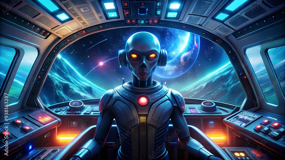 Alien Starship Pilot: A futuristic digital art image depicting a gray alien piloting a spaceship, with glowing blue eyes and a sleek, sci-fi design. The vastness of space is visible through the viewpo Alien Starship Pilot: A futuristic digital art image depicting a gray alien piloting a spaceship, with glowing blue eyes and a sleek, sci-fi design. The vastness of space is visible through the viewpo