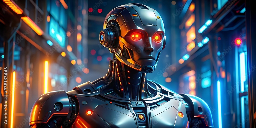 The Rise of Artificial Intelligence: A futuristic robot stands tall in a gleaming, neon-lit server room, its red eyes glowing with intelligence and power. A striking image representing the technolo The Rise of Artificial Intelligence: A futuristic robot stands tall in a gleaming, neon-lit server room, its red eyes glowing with intelligence and power. A striking image representing the technolo