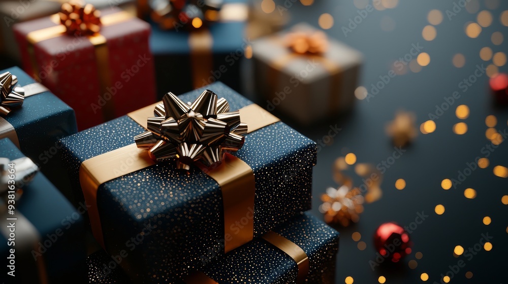 Christmas Gift Boxes with Gold Ribbon and Bow on Blue Background Christmas Gift Boxes with Gold Ribbon and Bow on Blue Background