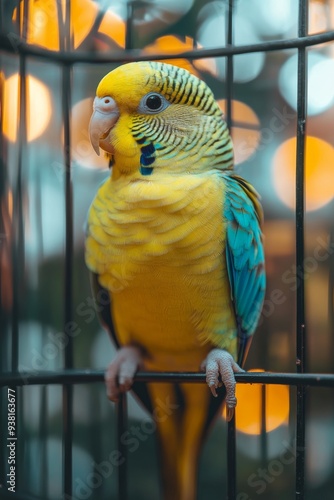 Yellow and blue budgerigar perched atop a cage in a sunlit room surrounded by...