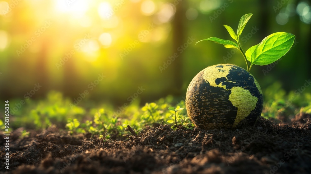 A small plant grows from Earth-shaped globe in soil, symbolizing environmental conservation, sustainability, and growth under sunlight. A small plant grows from Earth-shaped globe in soil, symbolizing environmental conservation, sustainability, and growth under sunlight.