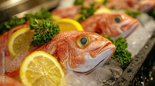 Fresh fish on ice with herbs displayed at a seafood market in the morning