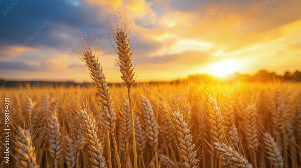 Golden wheat field at sunset in rural landscape Golden wheat field at sunset in rural landscape