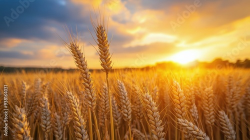 Golden wheat field at sunset in rural landscape