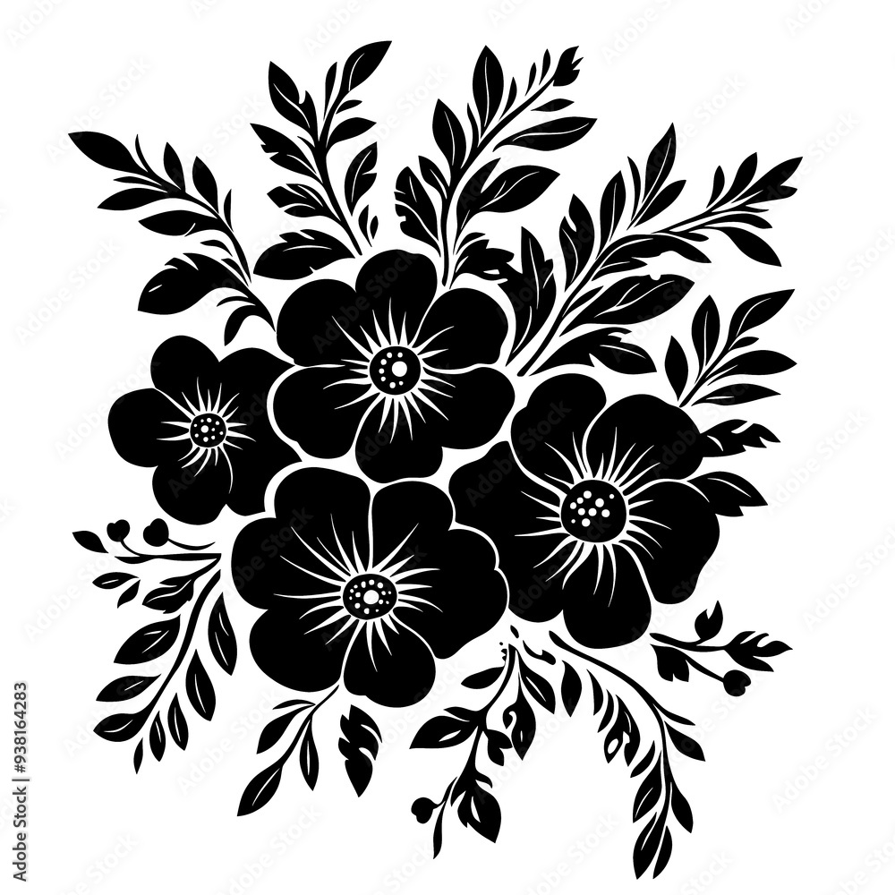 Fototapeta premium Black and white floral bouquet with three flowers and leaves.