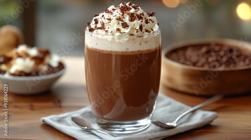 Creamy hot chocolate topped with whipped cream and chocolate shavings on a wo...