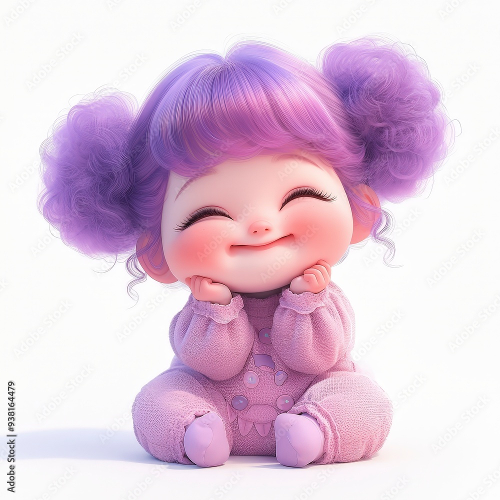 Cute cartoon baby girl with purple hair, wearing a pink onesie, sitting on a white background with a big smile on her face. Cute cartoon baby girl with purple hair, wearing a pink onesie, sitting on a white background with a big smile on her face.