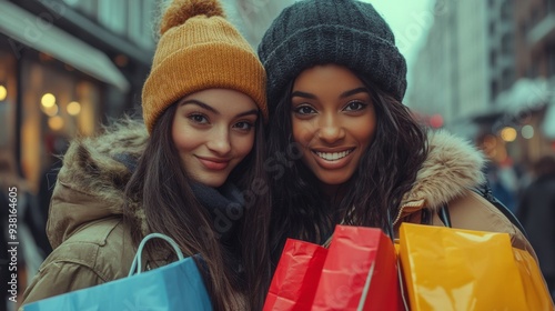 Two friends smiling while holding colorful shopping bags on a street in winter