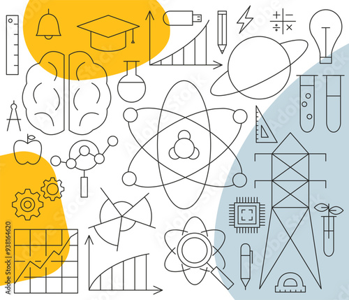 Science Nuclear Physics Line Concept. Vector Illustration of Education Outline Banner. Linear Laboratory Subject Sign.