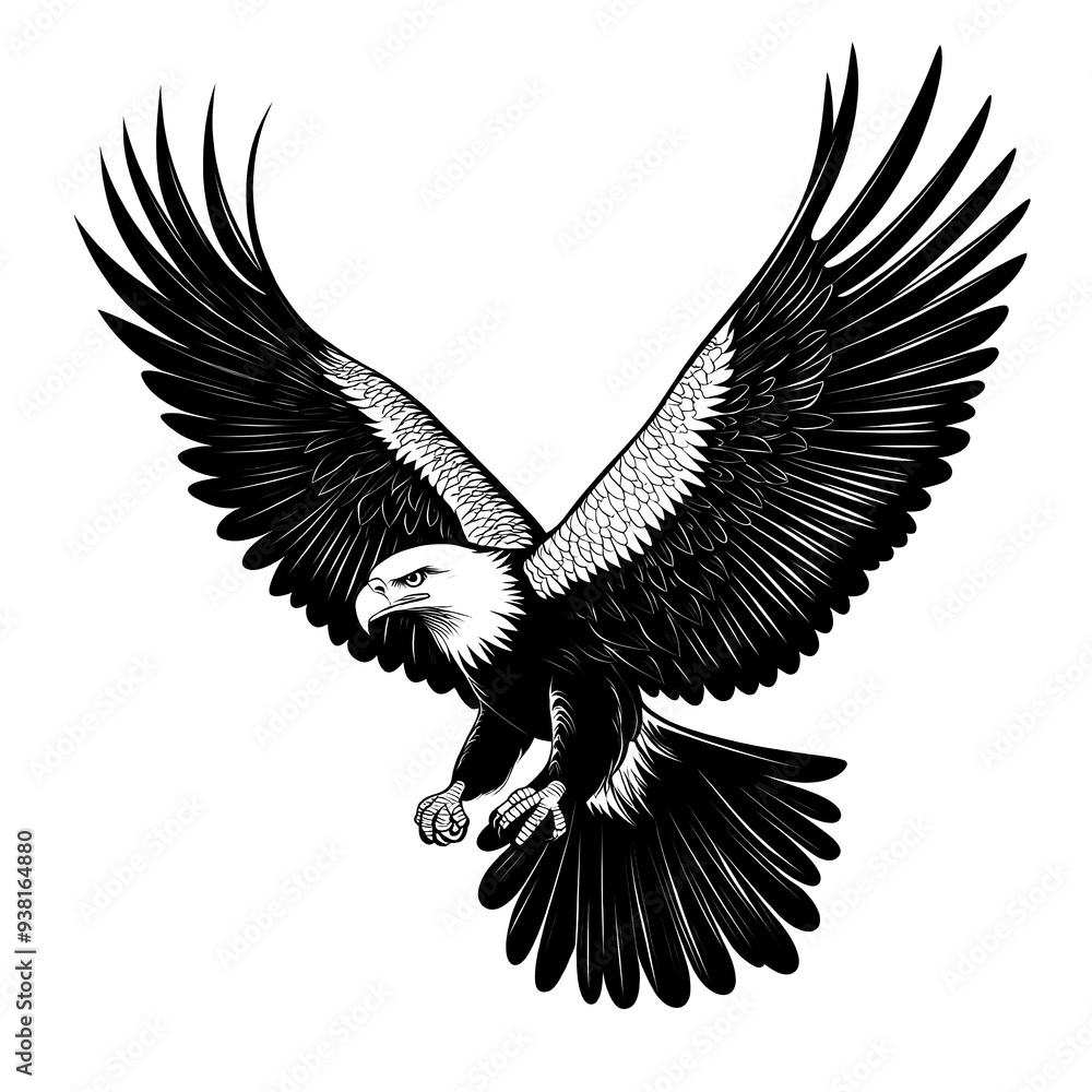 Obraz premium Black and white illustration of a bald eagle in flight.