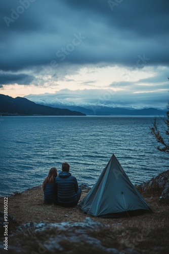 Couple enjoys quiet evening by the lake while camping near mountains at dusk