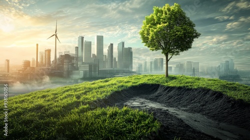 A green hill with a solitary tree overlooks a modern city skyline, emphasizing the contrast between nature and urban development. photo