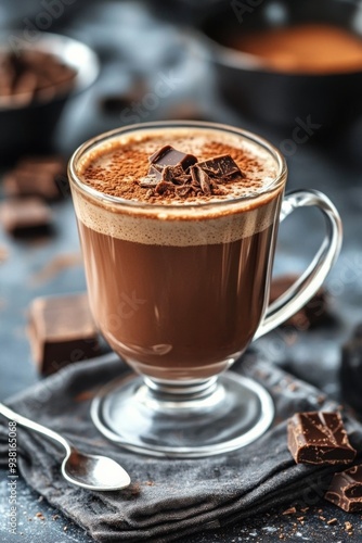 Creamy hot chocolate topped with chocolate shavings served in a clear glass mug