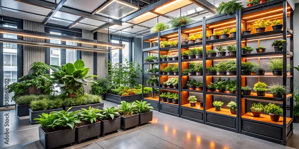 Urban Jungle Showroom: A modern, light-filled interior flourishes with an abundance of lush green plants on sleek shelves, showcasing a thriving indoor garden. Urban Jungle Showroom: A modern, light-filled interior flourishes with an abundance of lush green plants on sleek shelves, showcasing a thriving indoor garden.