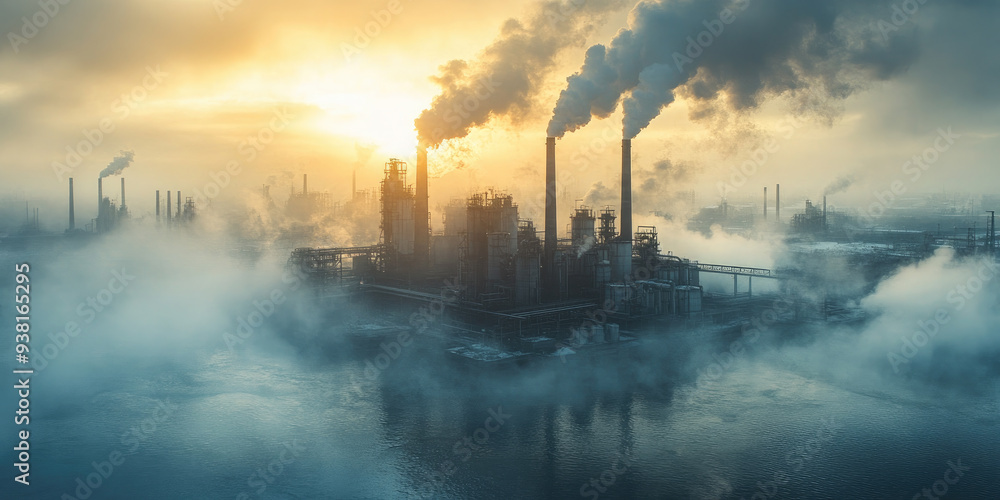 Operating factories that emit a lot of harmful smoke into the atmosphere. Air pollution in cities.The city was filled with thick smog and smoke. Global air pollution. Operating factories that emit a lot of harmful smoke into the atmosphere. Air pollution in cities.The city was filled with thick smog and smoke. Global air pollution.