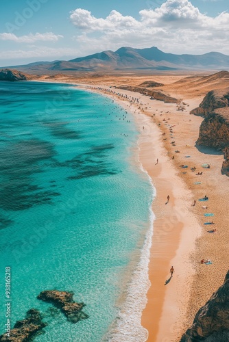 Sunny beach with golden sand and clear turquoise water under a blue sky