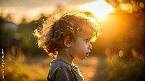 Backlit profile of a curious young child's head in silhouette, with gentle features and messy hair, set against a warm and sunny outdoor background. photo