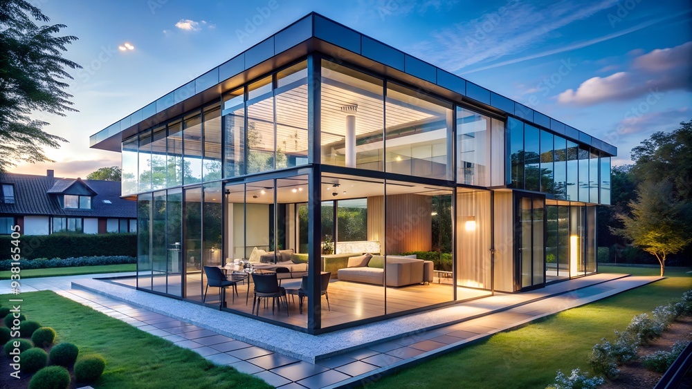 Modern Glass House Serenity: A stunning contemporary home with floor-to-ceiling windows, seamlessly blending indoor and outdoor living under a twilight sky. Modern Glass House Serenity: A stunning contemporary home with floor-to-ceiling windows, seamlessly blending indoor and outdoor living under a twilight sky.