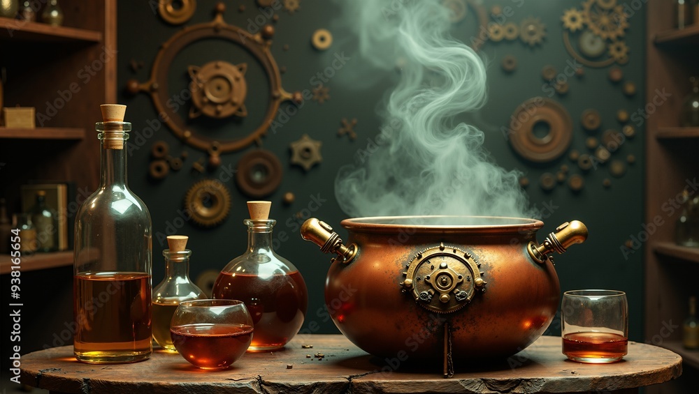 Steampunk Potion Brewing with Copper Cauldron and Steam Steampunk Potion Brewing with Copper Cauldron and Steam