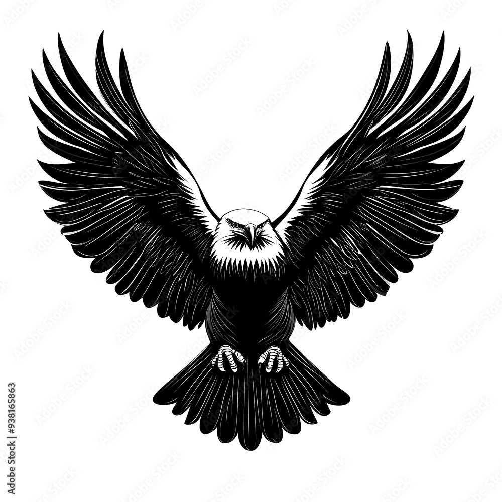 Obraz premium Black and white illustration of a bald eagle with wings spread wide.