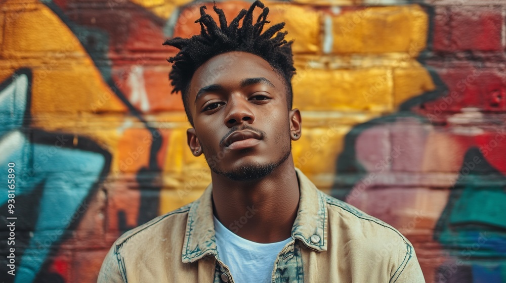 Young african american man standing with confident expression against graffiti wall. Urban style photo. Young african american man standing with confident expression against graffiti wall. Urban style photo.
