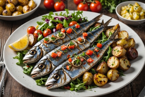 Grilled sardines with roasted potatoes and fresh vegetable salad close-up on a plate