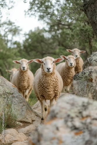 Sheep grazing among rocky terrain in a serene countryside setting
