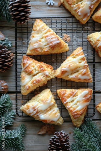 Freshly baked scones dusted with powdered sugar on a rustic wooden table