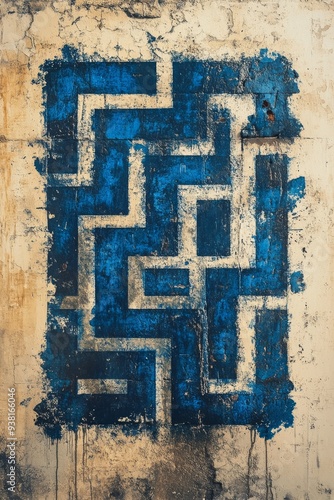 Abstract blue maze pattern on weathered wall with textured surface