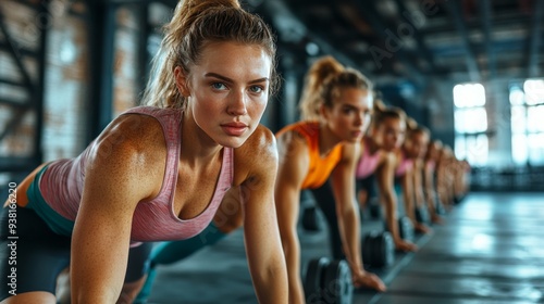 Women practicing yoga and fitness exercises in a bright gym setting in the mo...
