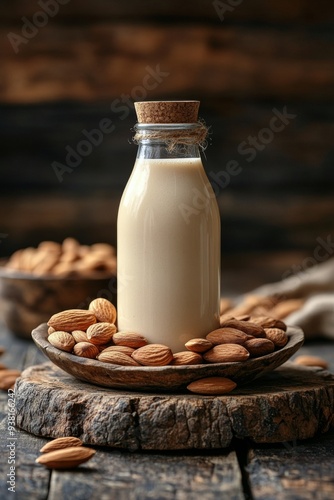 Almond milk and nuts arranged on textured background with rustic vibe