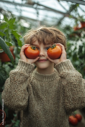 Boy in a sweater holding tomatoes in a greenhouse filled with plants on a sun...