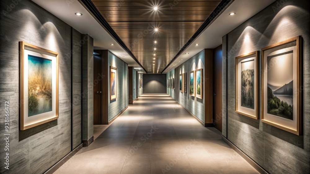 Bird's eye view of a long, empty, and dimly lit hallway with minimalist architectural drawings and abstract art prints lining the walls, creating a sense of calmness. Bird's eye view of a long, empty, and dimly lit hallway with minimalist architectural drawings and abstract art prints lining the walls, creating a sense of calmness.