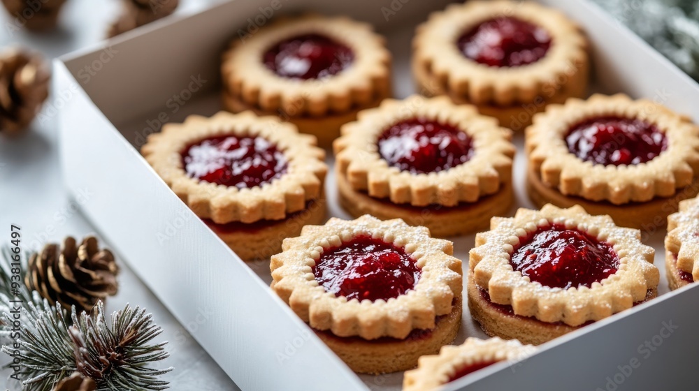 Freshly baked jam-filled cookies in a decorative box for the holiday season Freshly baked jam-filled cookies in a decorative box for the holiday season