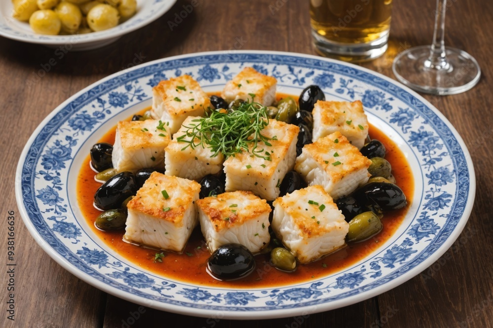 A typical Portuguese dish with codfish called Bacalhau do Porto in a original portuguese plate A typical Portuguese dish with codfish called Bacalhau do Porto in a original portuguese plate