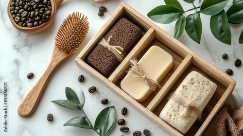 Natural coffee soap and scrub products arranged on a wooden tray with coffee ...