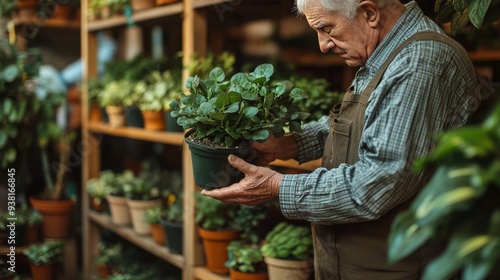 Elderly man tending to potted plants in a quaint garden shop during the afternoon