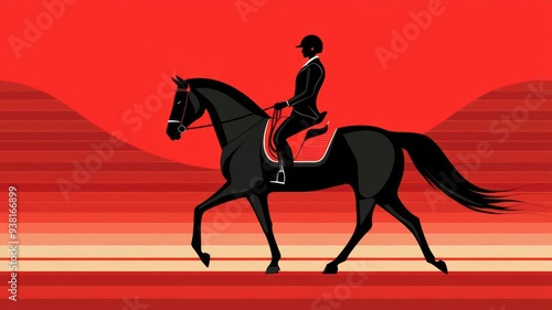 A stylish rider on a black horse, performing a graceful trot against a vibrant red landscape. photo