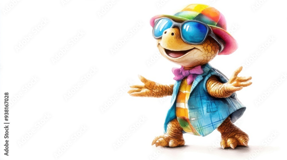 A turtle wearing sunglasses and a hat is smiling A turtle wearing sunglasses and a hat is smiling