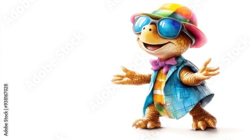 A turtle wearing sunglasses and a hat is smiling