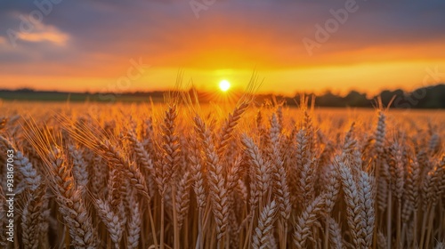 Golden wheat field at sunset in rural landscape photo