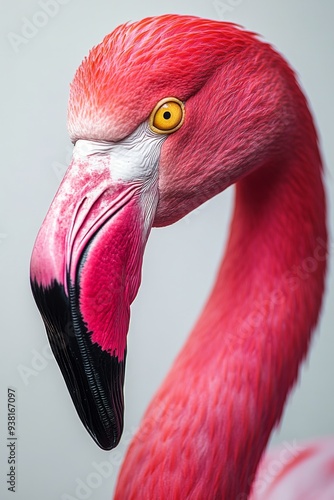 Close-up of a flamingo's head showcasing vibrant pink feathers and striking e...