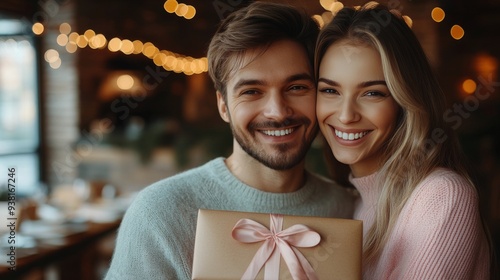 Young couple smiling together amid heart decorations in a cozy cafe setting