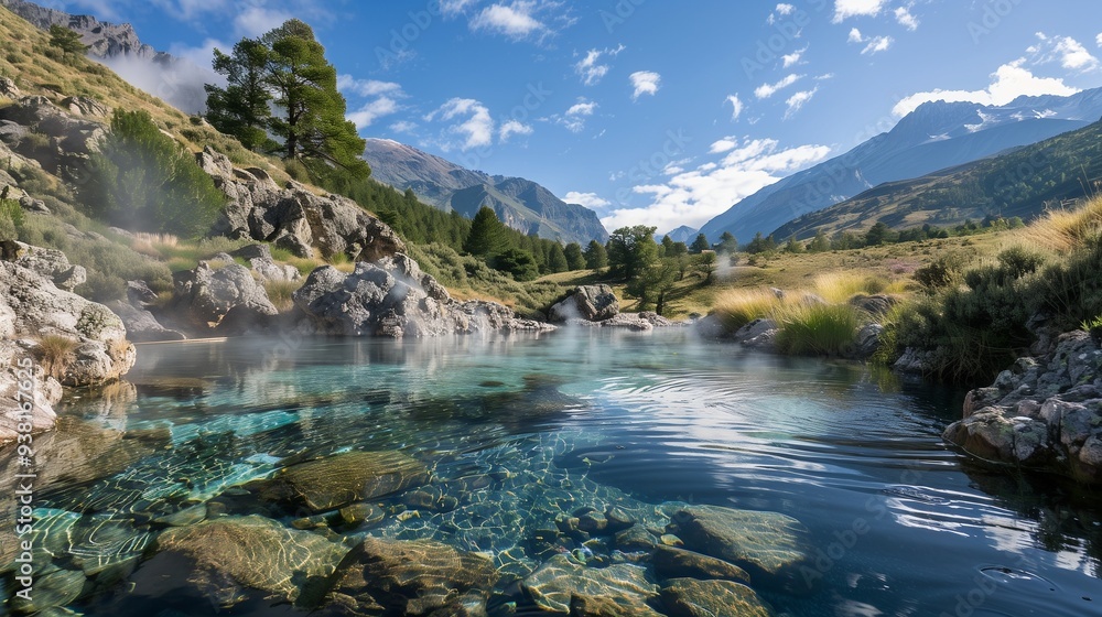A crystal-clear hot spring with steam rising, set against a backdrop of mountains. A crystal-clear hot spring with steam rising, set against a backdrop of mountains.