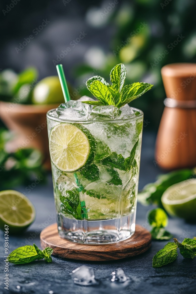 Refreshing mojito with mint and lime on a wooden coaster in a leafy setting Refreshing mojito with mint and lime on a wooden coaster in a leafy setting
