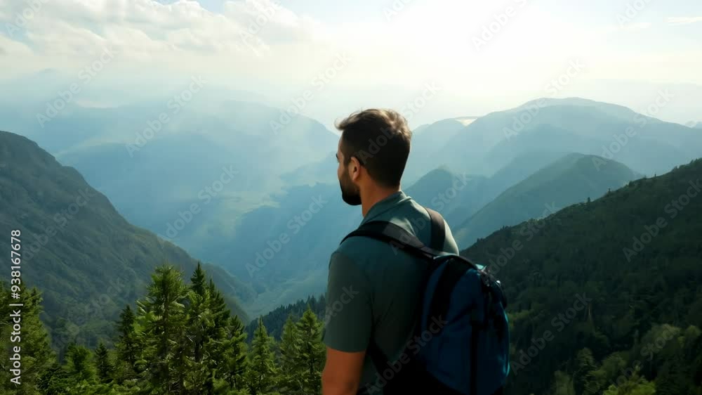Lonely man enjoying view of the summer foggy mountains while he standing on a mountain peak. Hiking and digital detox concept. Contemplation of nature alone with your thoughts. Hiking and slow life. Lonely man enjoying view of the summer foggy mountains while he standing on a mountain peak. Hiking and digital detox concept. Contemplation of nature alone with your thoughts. Hiking and slow life.
