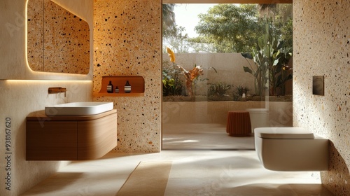 Modern bathroom interior with wooden vanity and speckled wall design in conte...