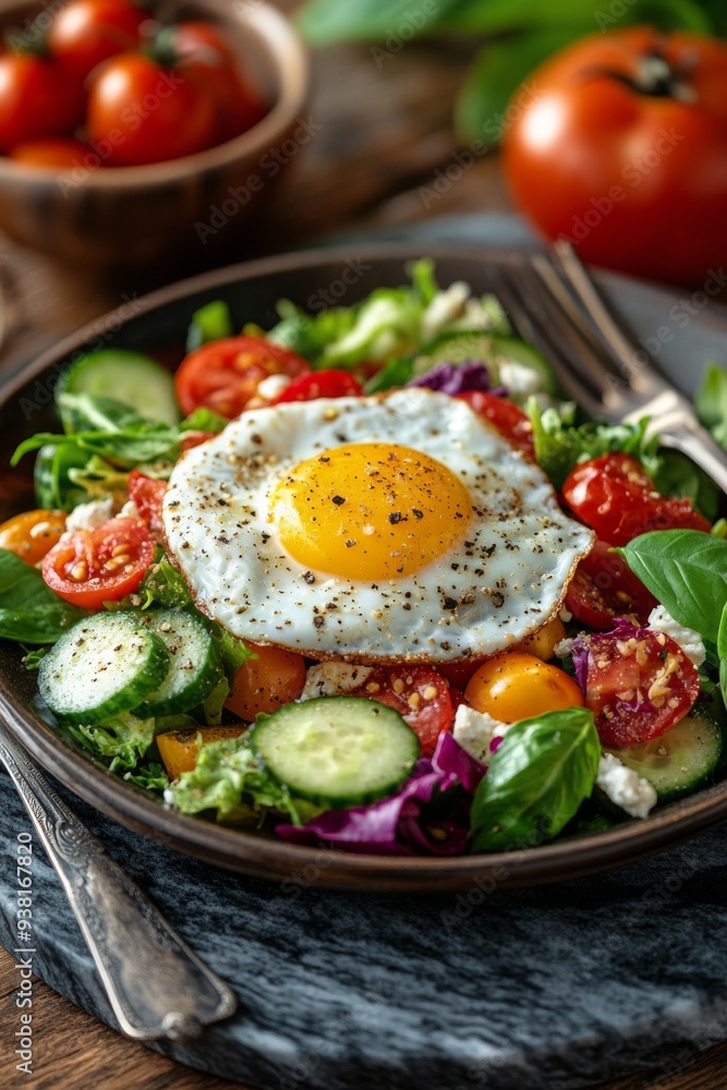 Fresh garden salad topped with a sunny-side-up egg on a rustic wooden table Fresh garden salad topped with a sunny-side-up egg on a rustic wooden table