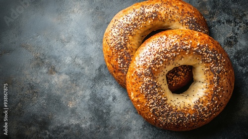 Freshly baked sesame bagel on a dark stone surface