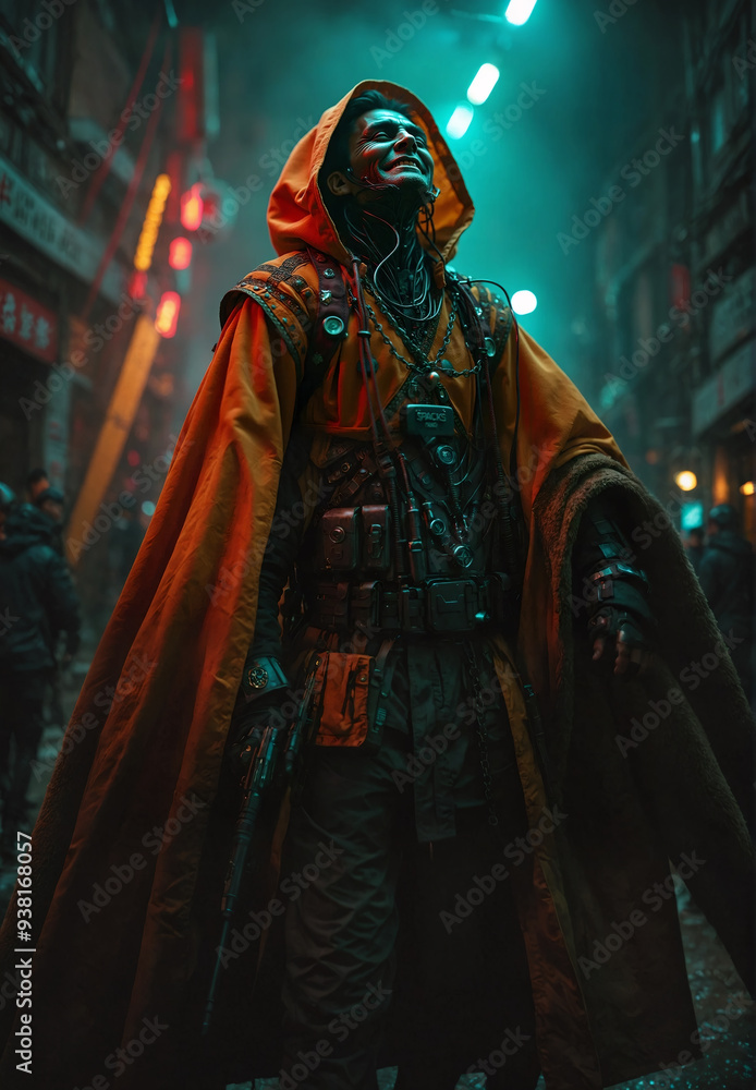 Naklejka premium a man in a red cloak and a red caper walking down a dark alley